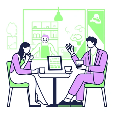 A financial advisor and an employee are seated at a small round table in a cozy coffee shop. The financial advisor, a middle-aged man with glasses, is wearing a tailored suit and holding a cup of coffee in his right hand. He is gesturing towards a tablet placed on the table, which displays a payroll spreadsheet with various columns and figures. The employee, a young woman with long hair, is leaning forward with an attentive expression, holding a cup of coffee in both hands. In the background, there is a coffee counter with a barista preparing drinks, and a shelf lined with pastries. Sunlight is streaming through a window, casting soft shadows on the table.