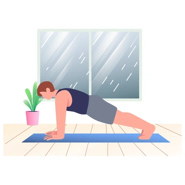 A person with light skin and short brown hair is doing a plank on a yoga mat indoors. They are wearing a fitted black tank top and gray workout shorts. The room has wooden floors and a white wall with a large window. Through the window, heavy rain is pouring down, creating streaks on the glass. The atmosphere inside is bright, contrasting with the gray and gloomy weather outside. A potted plant sits in the corner of the room, adding a touch of green to the scene.