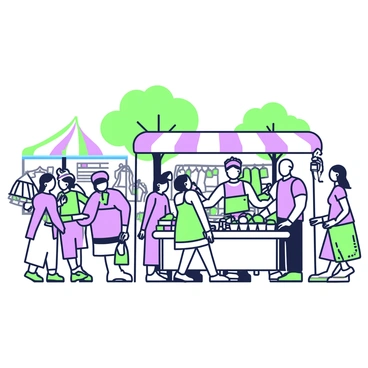 A bustling marketplace filled with various stalls and people. In the foreground, there are several market stalls displaying an array of goods, including fruits and vegetables, handmade crafts, and clothing. People of diverse backgrounds are interacting, some examining items while others are engaged in conversation. A vendor stands behind one stall, reaching to hand a bag to a customer. In the background, additional stalls can be seen, with colorful awnings and items hanging from them. A few trees are scattered around, providing some shade to the scene. The atmosphere is vibrant with activity.