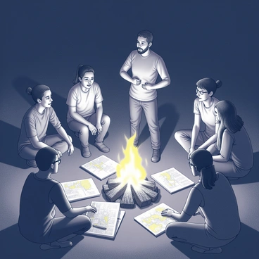 A group of individuals gathered around a campfire at night. The fire crackles and glows, illuminating their faces with a warm light. Mier y Teran stands in the center, engaged in an animated discussion with team members. Several maps and notebooks are spread out on the ground around them, showcasing their research findings. The team includes diverse individuals, each displaying various expressions of curiosity and interest as they listen and contribute to the conversation. The surrounding darkness contrasts with the bright flames, creating a sense of focus on the group's collaborative effort.