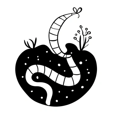 An earthworm coiled in a zigzag shape, emerging from soft soil that is rich and dark. The soil is textured with small clumps and particles, showing signs of recent disturbance. Above the worm, there are delicate roots and tiny stones scattered within the soil. The setting is an underground environment, emphasizing the worm's movement through the earth.