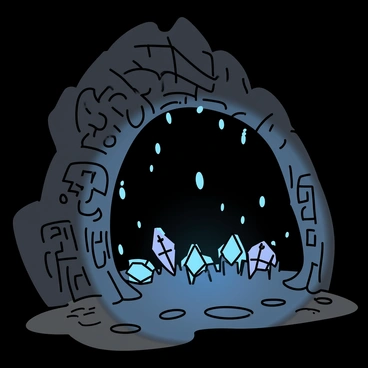 A dark cave, characterized by rugged rock formations and an uneven floor. Luminous crystals are embedded in the walls, emitting a soft glow that illuminates the surroundings. The crystals vary in size and shape, reflecting light in different colors. Mysterious markings are etched into the stone walls, featuring intricate patterns and symbols that suggest an ancient origin. The atmosphere is still, with shadows playing across the cave’s surfaces.