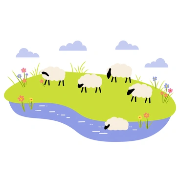 A flock of fluffy white sheep grazing on the vibrant green grassy banks of a lake. The sheep are scattered across the landscape, with some nibbling on the grass while others rest. The lake is calm and reflects the blue sky above, dotted with a few fluffy clouds. Surrounding the lake, there are patches of colorful wildflowers adding splashes of color to the scene. A gentle breeze sways the grass, creating a peaceful atmosphere.