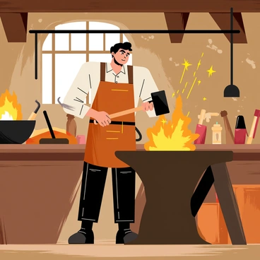 A blacksmith wearing a leather apron stands at a sturdy wooden workbench near an anvil. The anvil is made of dark metal, and a piece of glowing molten metal is being shaped. Sparks fly dramatically into the air as the blacksmith strikes the metal with a heavy hammer. Surrounding the blacksmith are various tools, including a hammer, tongs, and a forge, all set against a backdrop of a rustic workshop filled with warm light.