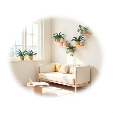 A cozy indoor room filled with natural light streaming through a large window. The walls are painted a soft beige, creating a warm atmosphere. Shelves made of light wood are lined with various potted ferns of different sizes, their lush green leaves cascading elegantly. A comfortable cream-colored sofa, adorned with patterned cushions, sits against one wall. A small wooden coffee table is placed in front of the sofa, topped with a steaming cup of tea and an open book. The sun casts gentle shadows on the floor, enhancing the peaceful vibe of the space.