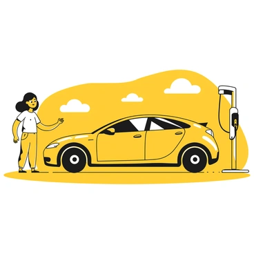 A person standing next to a sleek electric car, examining its design with interest. The car has smooth lines and a modern aesthetic. The buyer is wearing casual clothing and has an expression of fascination. In the background, a charging station is visible, featuring a simple design with a cable ready for use, and a clear sky above. The scene conveys a sense of innovation and future technology.