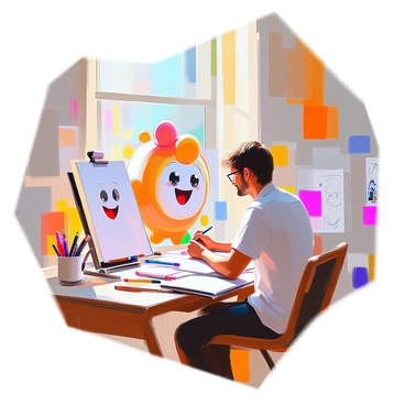 An illustrator with medium brown hair and glasses is sitting at a wooden desk in a vibrant studio filled with art supplies. The walls are adorned with colorful sketches and character designs. On the desk, there are pencils, markers, and some open sketchbooks. The illustrator is focused as he draws a cheerful cartoon character with big eyes and a wide smile, surrounded by various other character concepts. A bright window allows sunlight to stream in, illuminating the lively workspace.