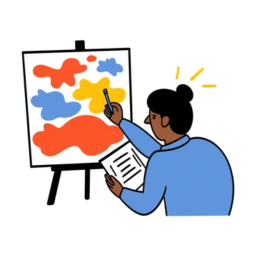 A person with medium skin tone and short black hair is standing in front of a large, colorful painting. The painting features bright splashes of red, blue, and yellow. The person is holding a notepad and a pen, appearing thoughtful while analyzing the artwork. Their eyebrows are furrowed, and they are wearing a light blue shirt. Despite the vibrant colors of the painting, the scene is depicted in grayscale, emphasizing the contrast between the colors of the painting and the muted tones of the person and the setting.