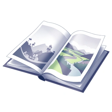 A storybook is open, displaying two pages. On the left page, there is an intricate illustration featuring whimsical characters and a fantastical landscape with rolling hills and a variety of trees. On the right page, a painting showcases a vivid scene, possibly depicting a serene countryside, with a winding river and vibrant fields. The two pages are connected through the thematic elements present in both the illustration and the painting, inviting the viewer to explore the narrative further.