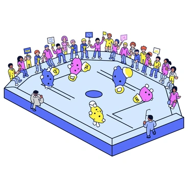 A sports arena with a bright and colorful atmosphere. In the center, there are enzymes represented as small cartoon characters, each with unique features and colors. They are energetically competing against each other, showcasing their abilities to catalyze various reactions. There are reaction substrates illustrated as simple geometric shapes around them, indicating the processes taking place. The crowd consists of tiny cartoon spectators cheering enthusiastically, waving flags that represent different enzymes. The arena has clear markings for different reaction zones, emphasizing the competitive environment.