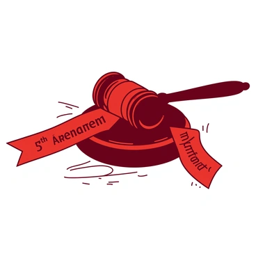 A red ribbon is elegantly wrapped around a polished wooden gavel. The gavel has a shiny finish, showcasing its smooth surface and well-defined lines. The words "5th Amendment" are inscribed in bold letters along the length of the ribbon, contrasting with the red color. The scene captures the gavel resting on a textured white surface, highlighting the details of both the ribbon and the gavel.