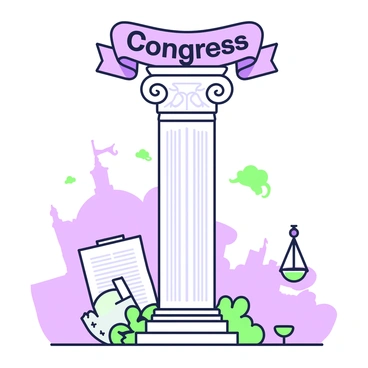 An illustration depicting a large and sturdy pillar, representing Congress, standing prominently in a grand setting. The pillar is adorned with intricate details and engravings, symbolizing strength and stability. Surrounding the pillar, there are various symbols of power such as a gavel and scales of justice resting at its base. In the background, there are faint outlines of legislative documents and a faint skyline, emphasizing the importance of Congress in governance. Above the pillar, a banner displays the words "Congress" in bold letters.