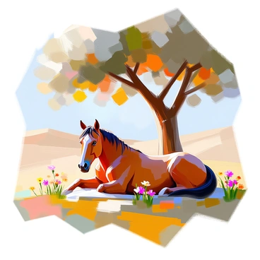 A brown horse with a glossy coat is resting peacefully under a large, leafy tree. The sunlight filters through the tree's branches, creating dappled patterns of light and shadow on the horse's coat. The horse is lying down on a soft patch of grass, with its eyes closed and a serene expression. Surrounding the tree are a few wildflowers in varying colors, adding a touch of vibrancy to the scene. The background features a gently rolling landscape, emphasizing the tranquility of the setting.
