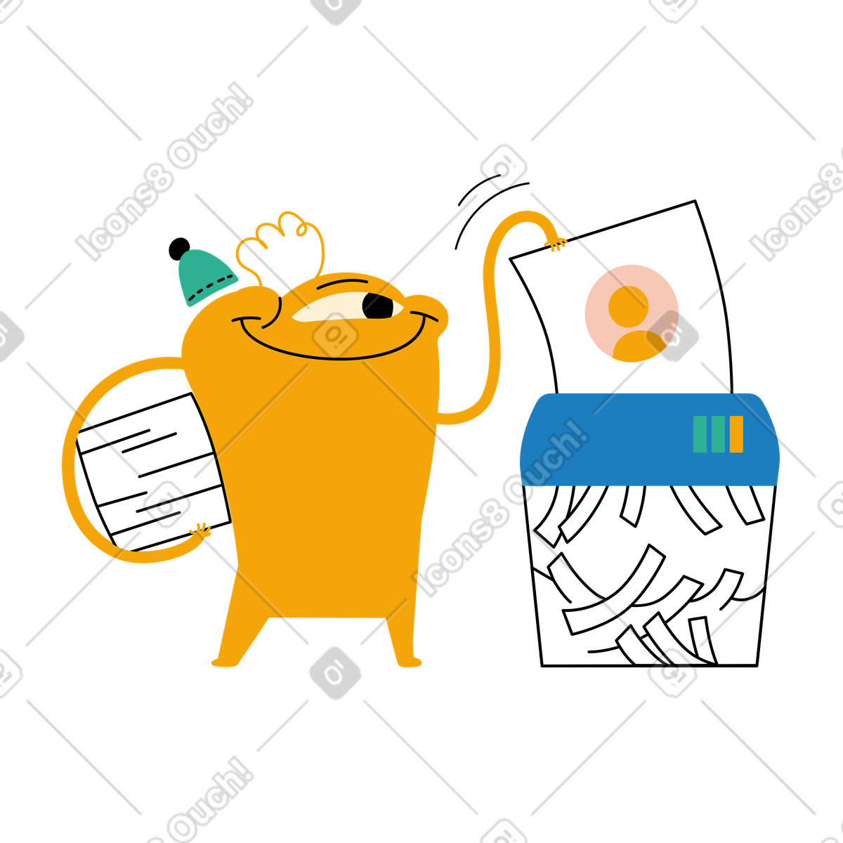 Ilustración Personaje poniendo documentos en trituradora. estilo Jelly a descargar PNG y SVG