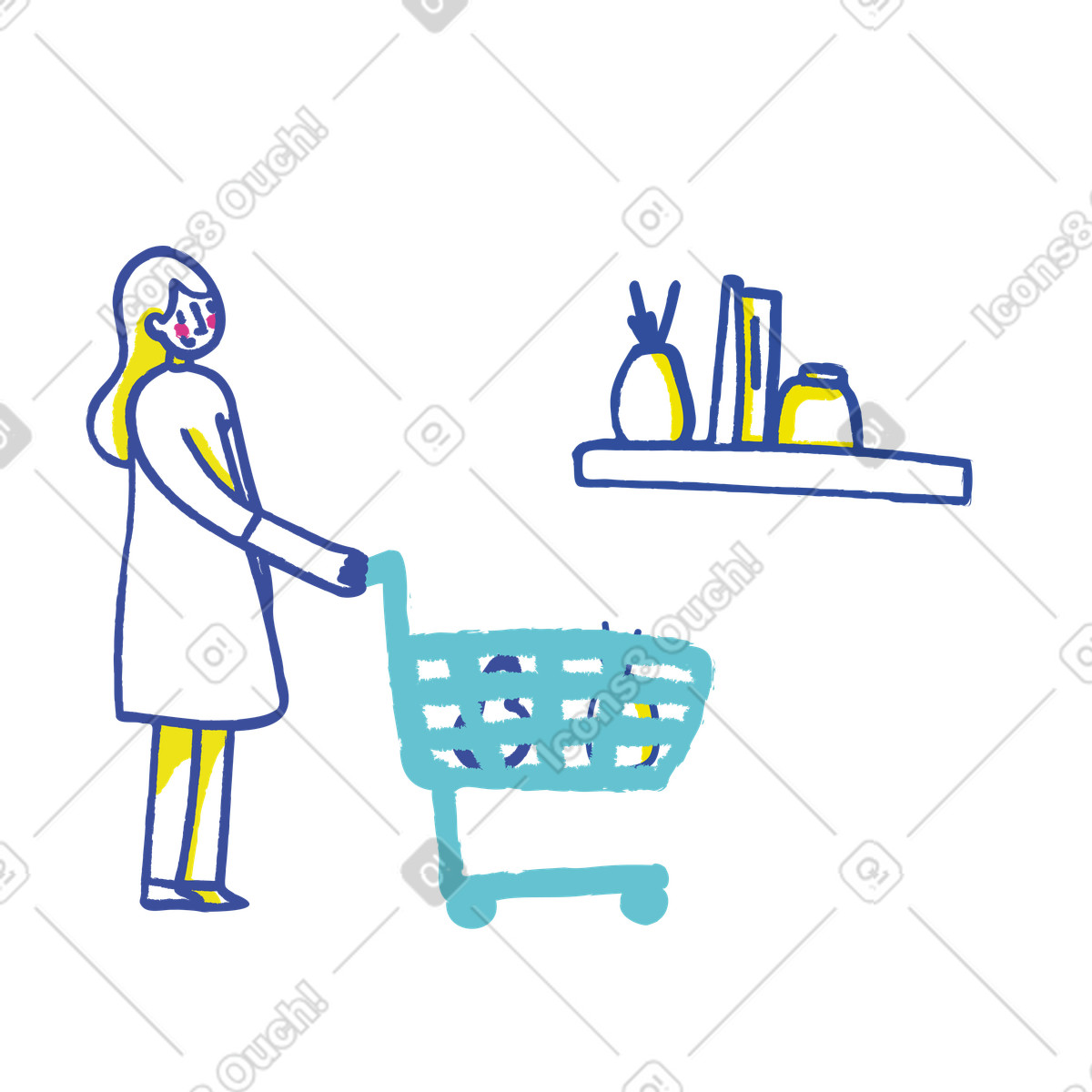 Lime スタイルの ショッピングカートを持ってスーパーマーケットを歩く女性 のイラストをPNG、SVG形式でダウンロード
