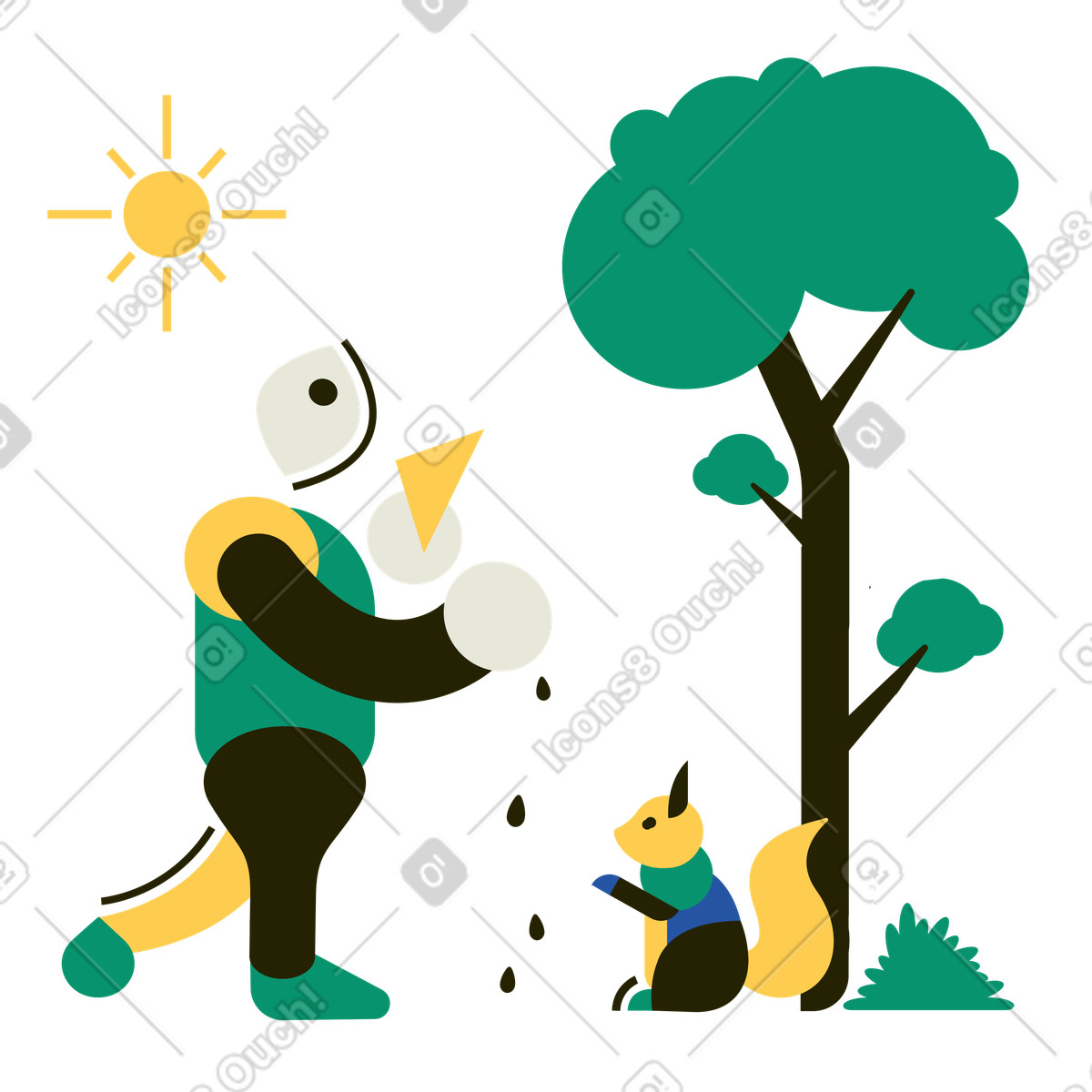 Illustration Homme nourrissant un écureuil dans parc le style Spot à télécharger aux formats PNG, SVG