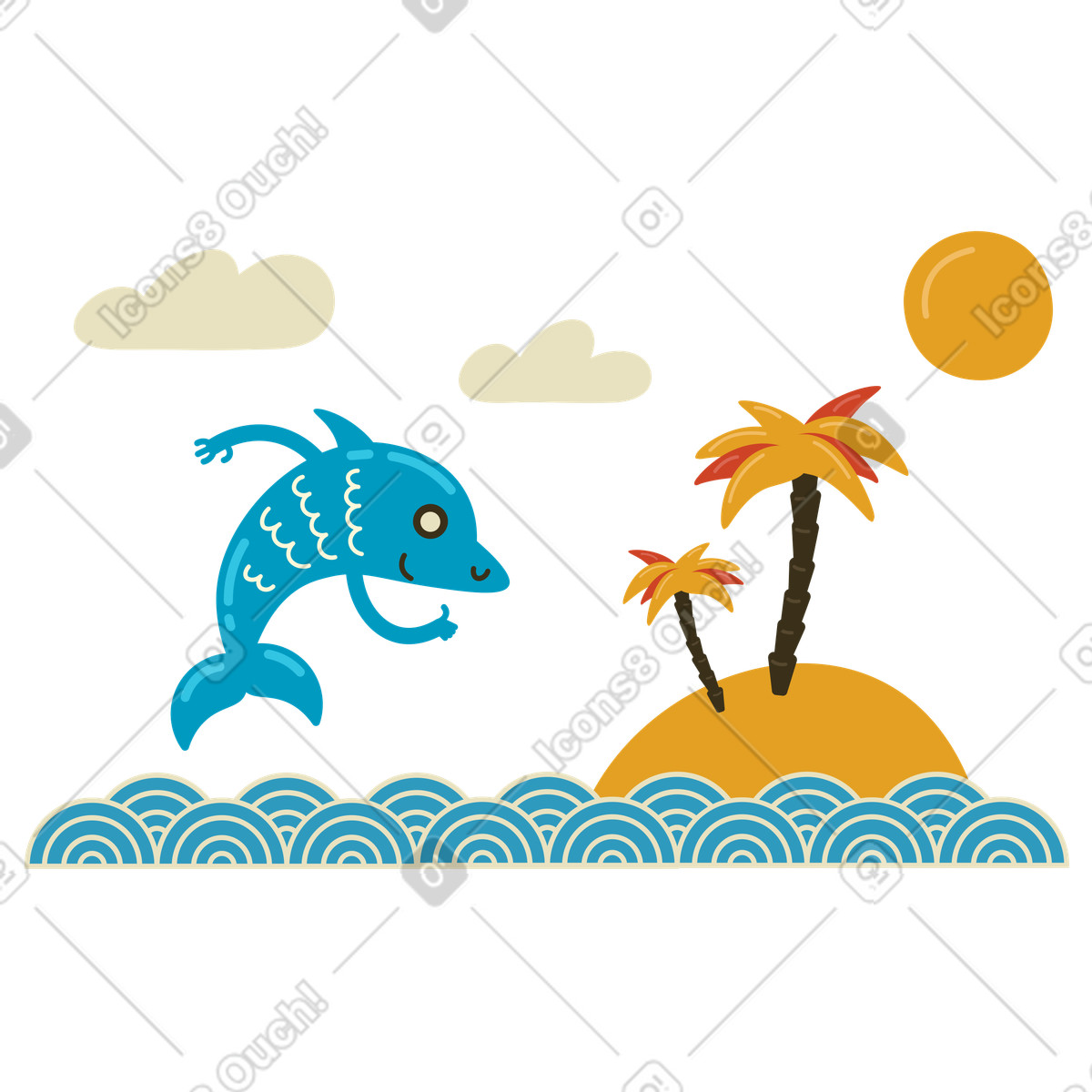 Dolphin leaping out of island waters illustration in Arabica style download in PNG, SVG