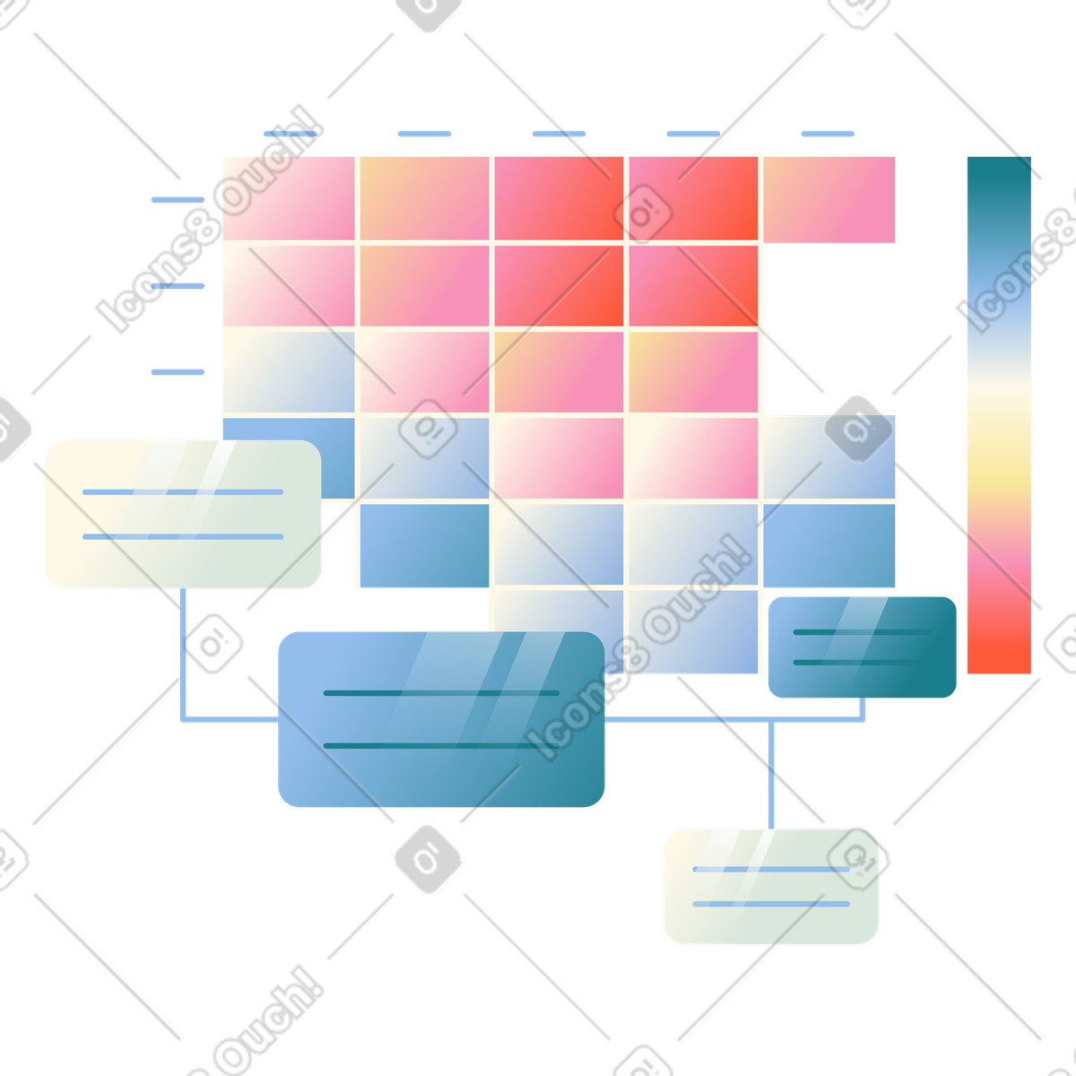 Color heatmap with connected data nodes, visual data analysis with highlighted metrics illustration in PNG, SVG
