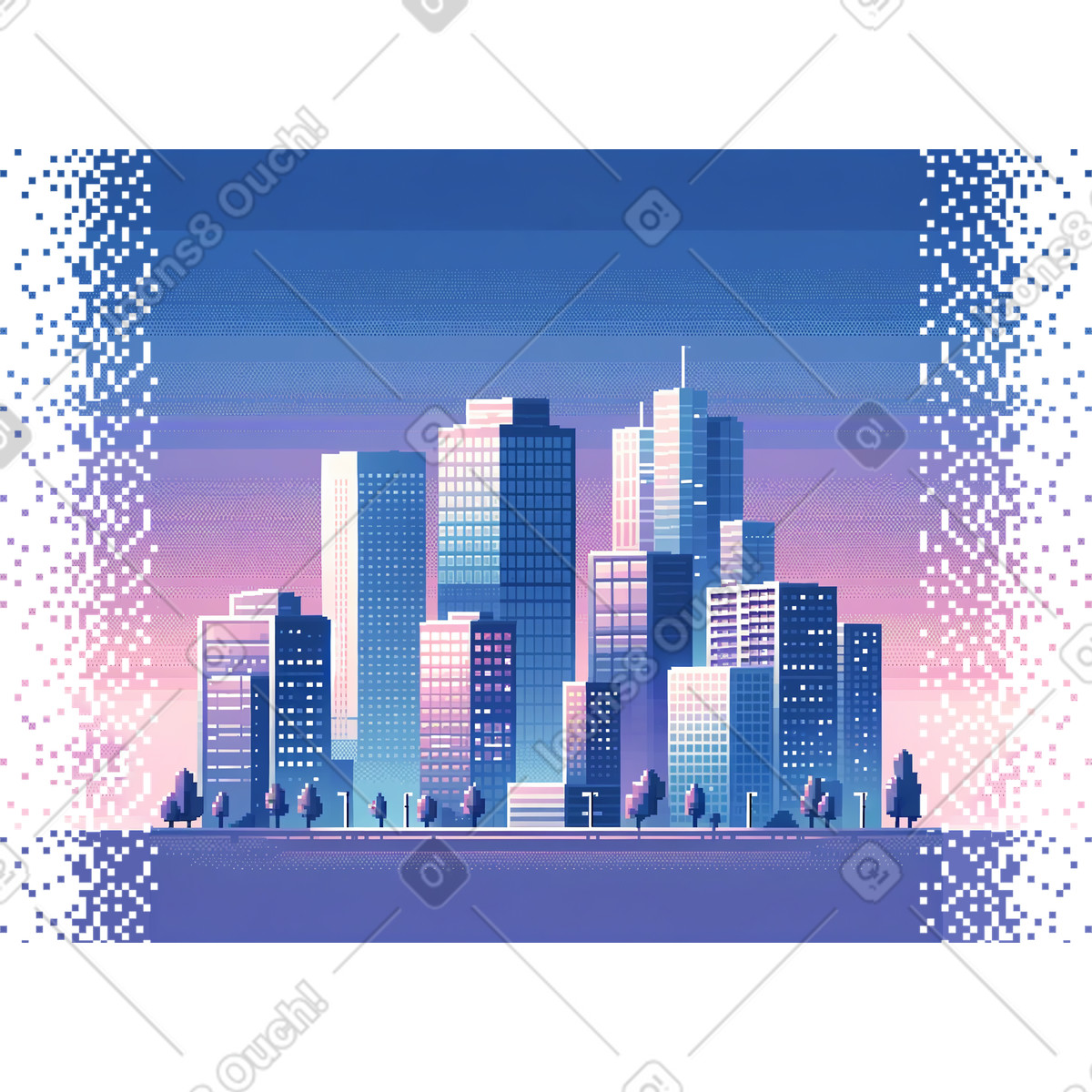 Pixel twilight city skyline with disappearing borders illustration in Experimental style download in PNG, SVG