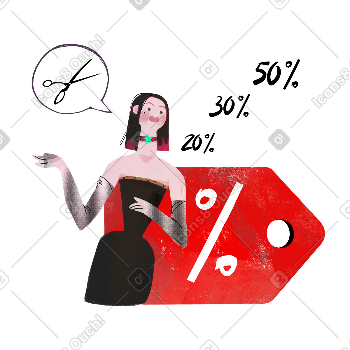 Donna con cartellino sconto al dettaglio illustrazione in stile Fabulous scarica in PNG, SVG