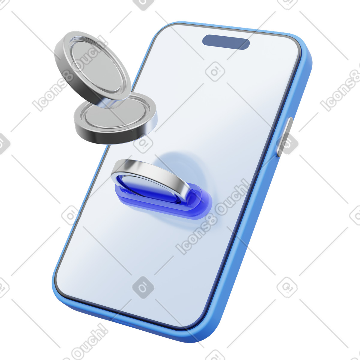 Ilustración Pago sin contacto nfc, smartphone con monedas de plata, transferencia dinero inalámbrica en estilo 3D Playful a descargar en PNG y SVG