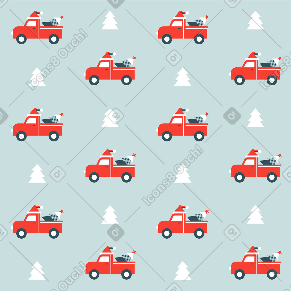 Christmas pattern with red pickup truck illustration in Nordic style download in PNG, SVG