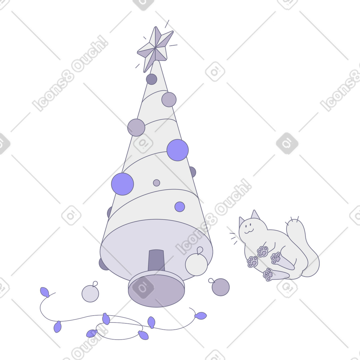 Decorated Christmas tree and playful cat with scattered ornaments, Preparing for holiday pet-Illustration im Modul-Stil als Download in PNG, SVG