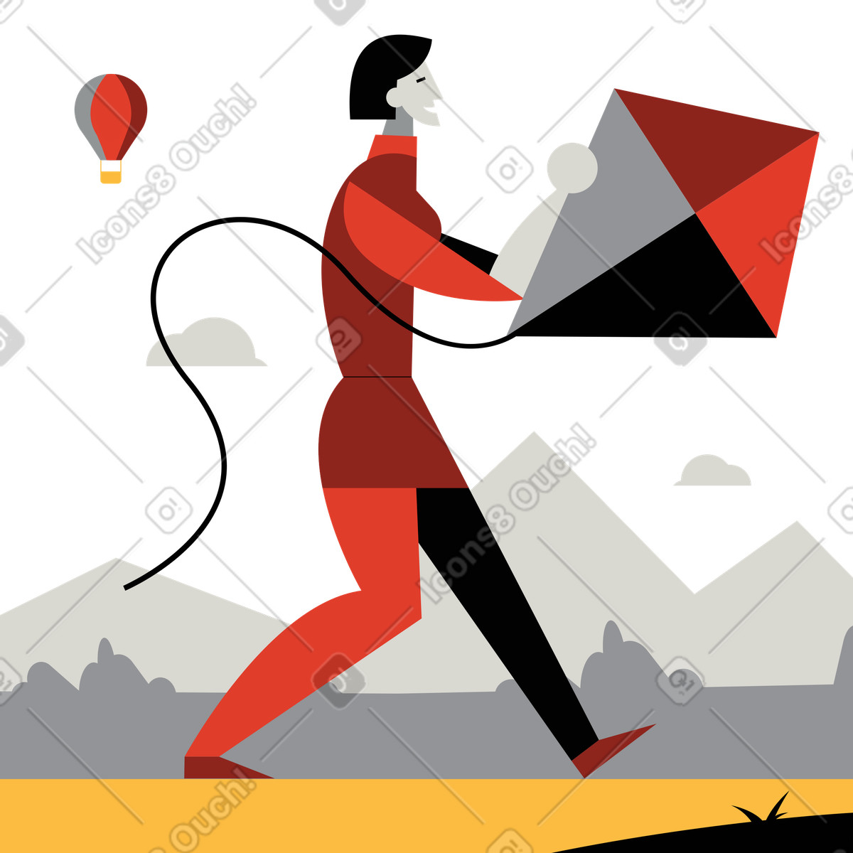 Ilustración Mujer caminando con una cometa en las manos estilo Burgundy a descargar PNG y SVG