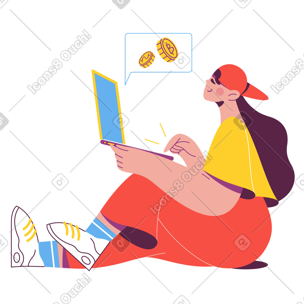 Young trader using laptop for digital currency exchange, online investment and crypto trading illustrazione in stile Sammy scarica in PNG, SVG
