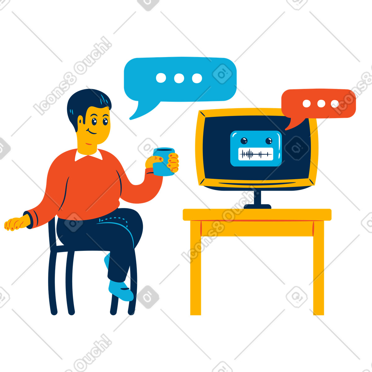 Man speaking to a chatbot on screen illustration in PNG, SVG