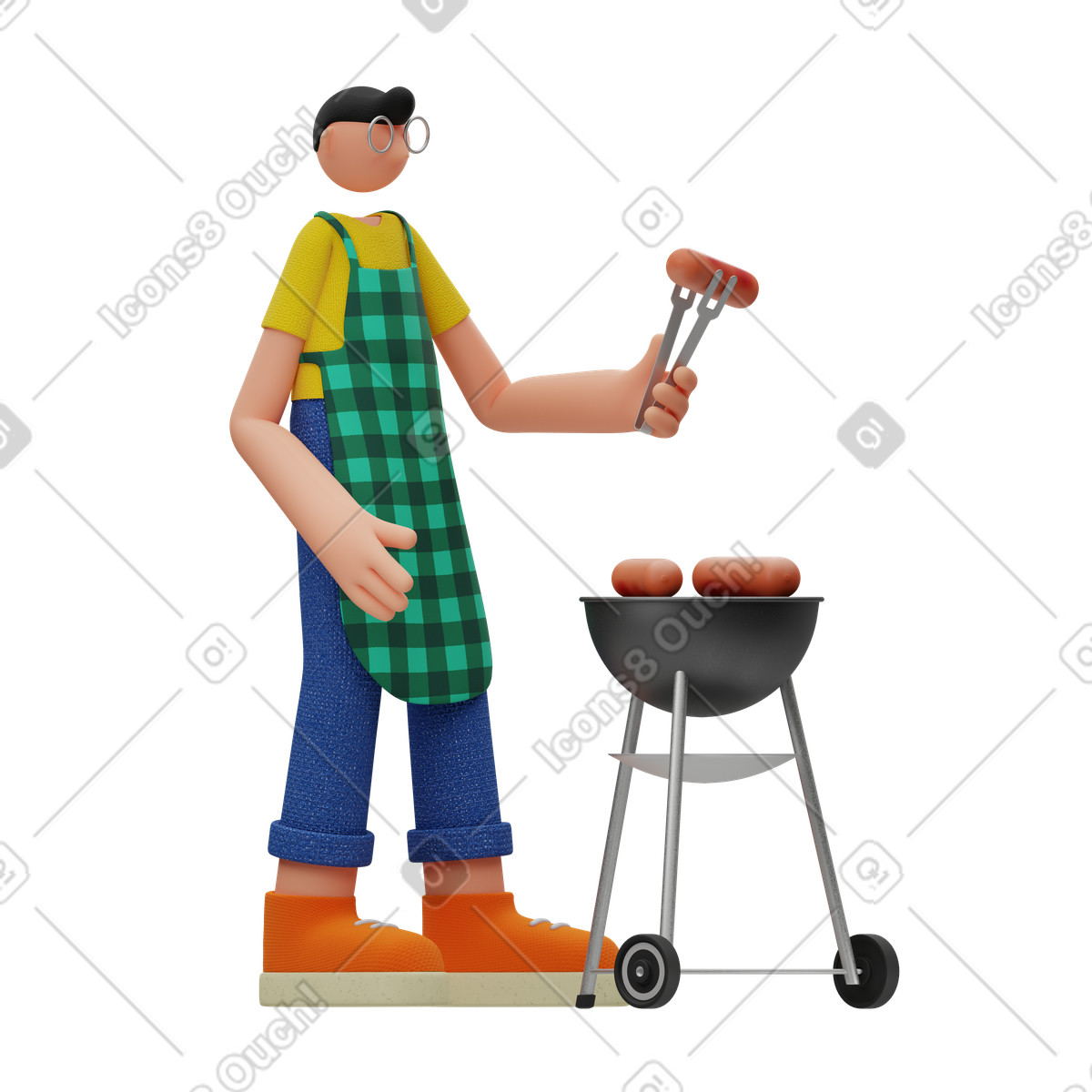 Illustration Un homme fait griller des saucisses sur barbecue dans le style 3D Rondi à télécharger aux formats PNG, SVG