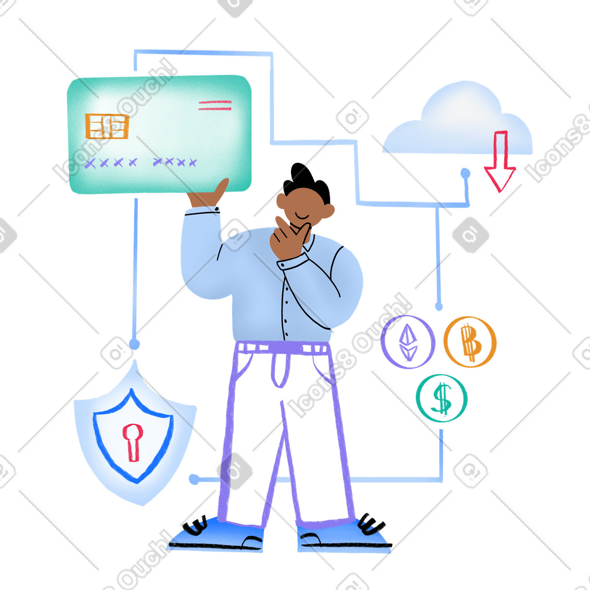 Man using blockchain and cryptocurrency technology illustration in PNG, SVG