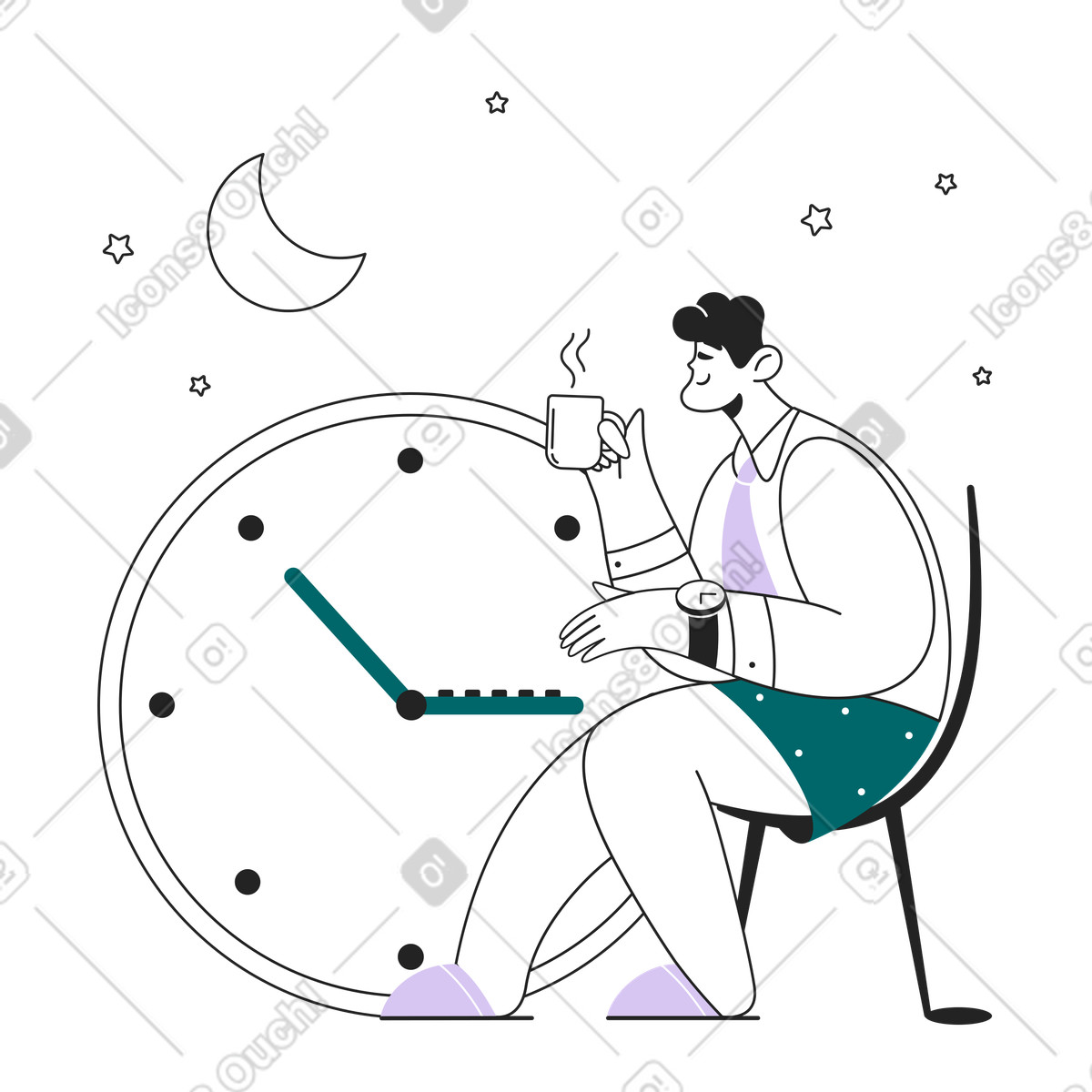 Guy lavora al suo laptop di notte illustrazione in stile Sammy Line scarica in PNG, SVG