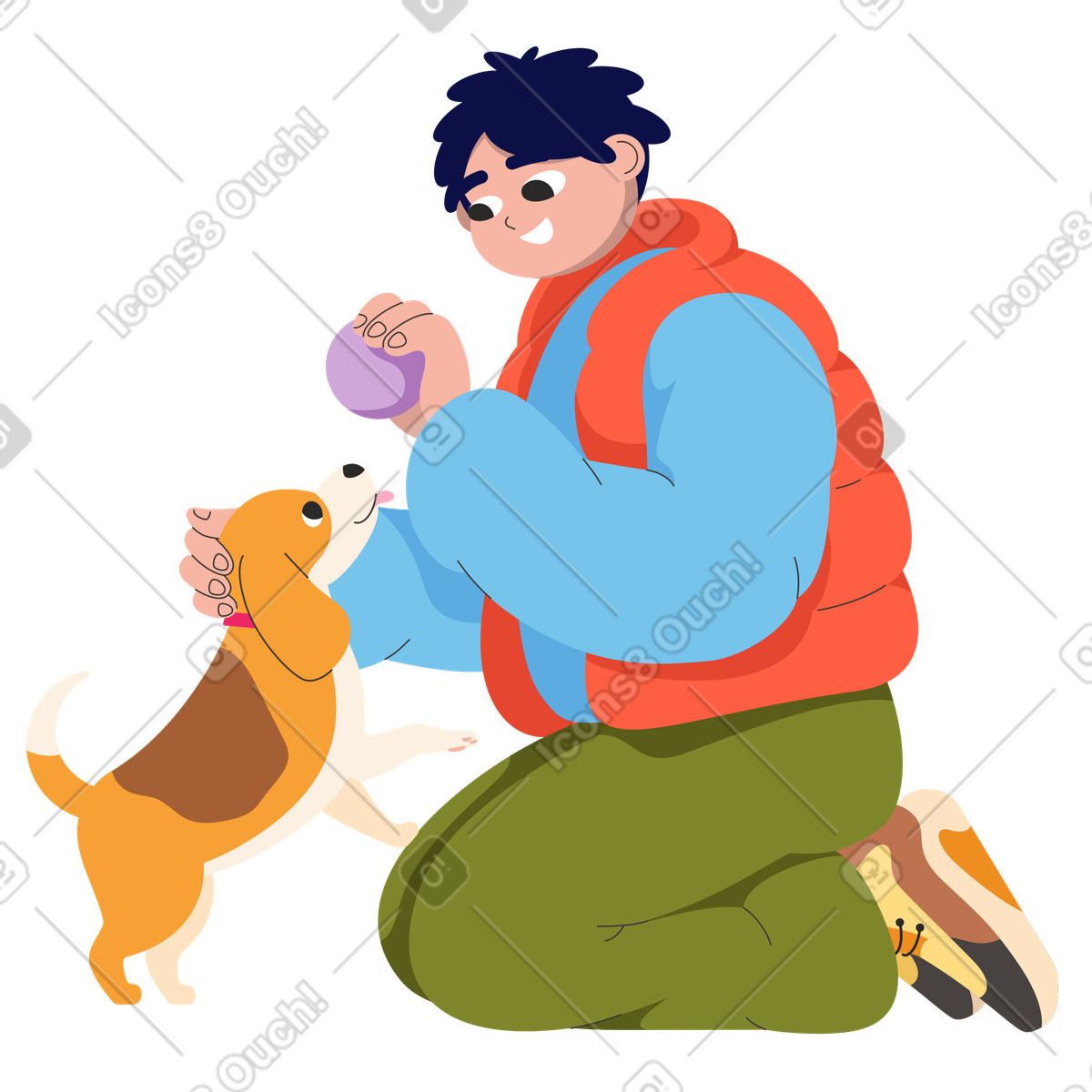 Junger mann kniet und spielt ball mit einem hund-Illustration im Dizzy-Stil als Download in PNG, SVG