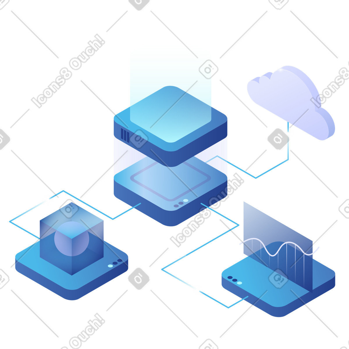 Ilustración Red de procesamiento ia basada en la nube, módulos conectados estilo Quantum a descargar PNG y SVG