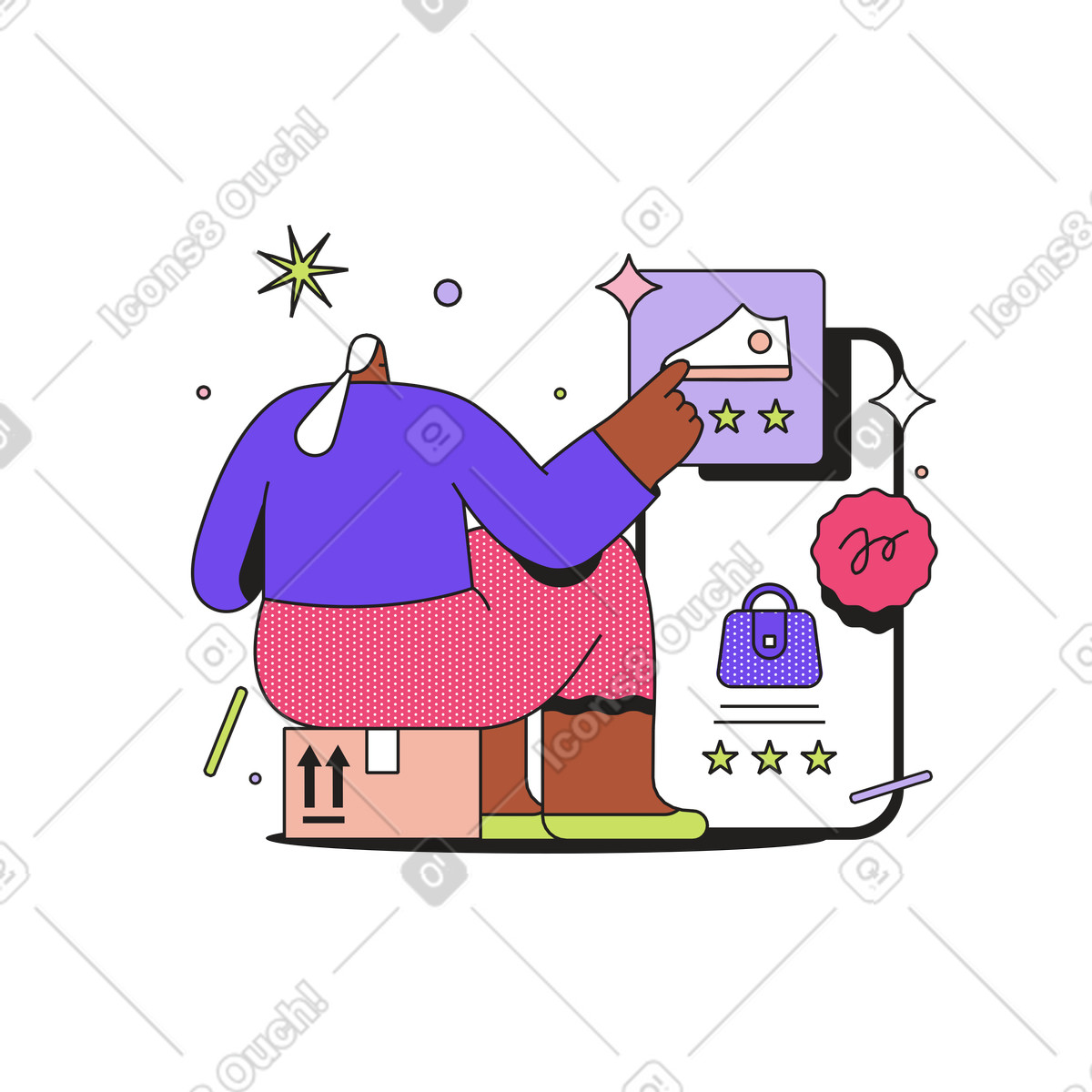 Buyer selecting products with rating in online store, Shopping process or purchase decision animated illustration Dazzle style download GIF, Lottie (JSON), AE