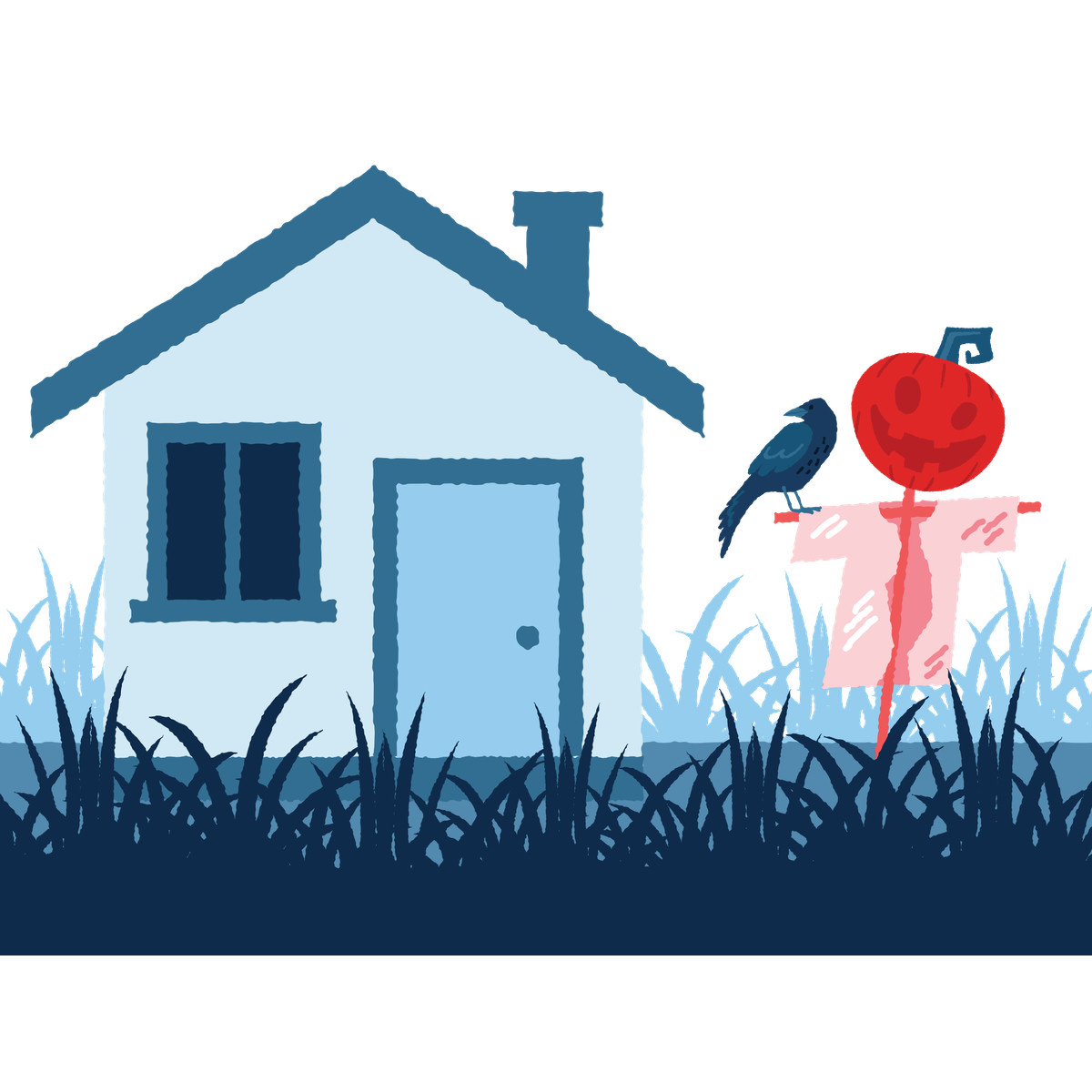 Village landscape with scarecrow in front of house illustration Cherry style download PNG, SVG
