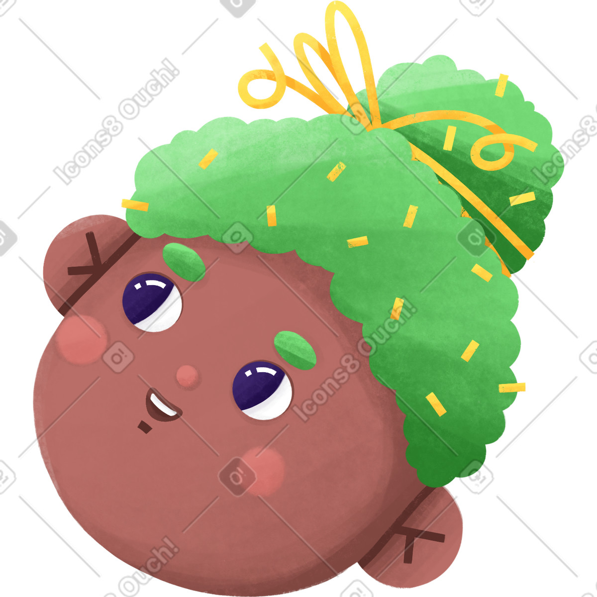 Happy person head with round cheeks and bow in green hair illustration Bonbon style download PNG, SVG