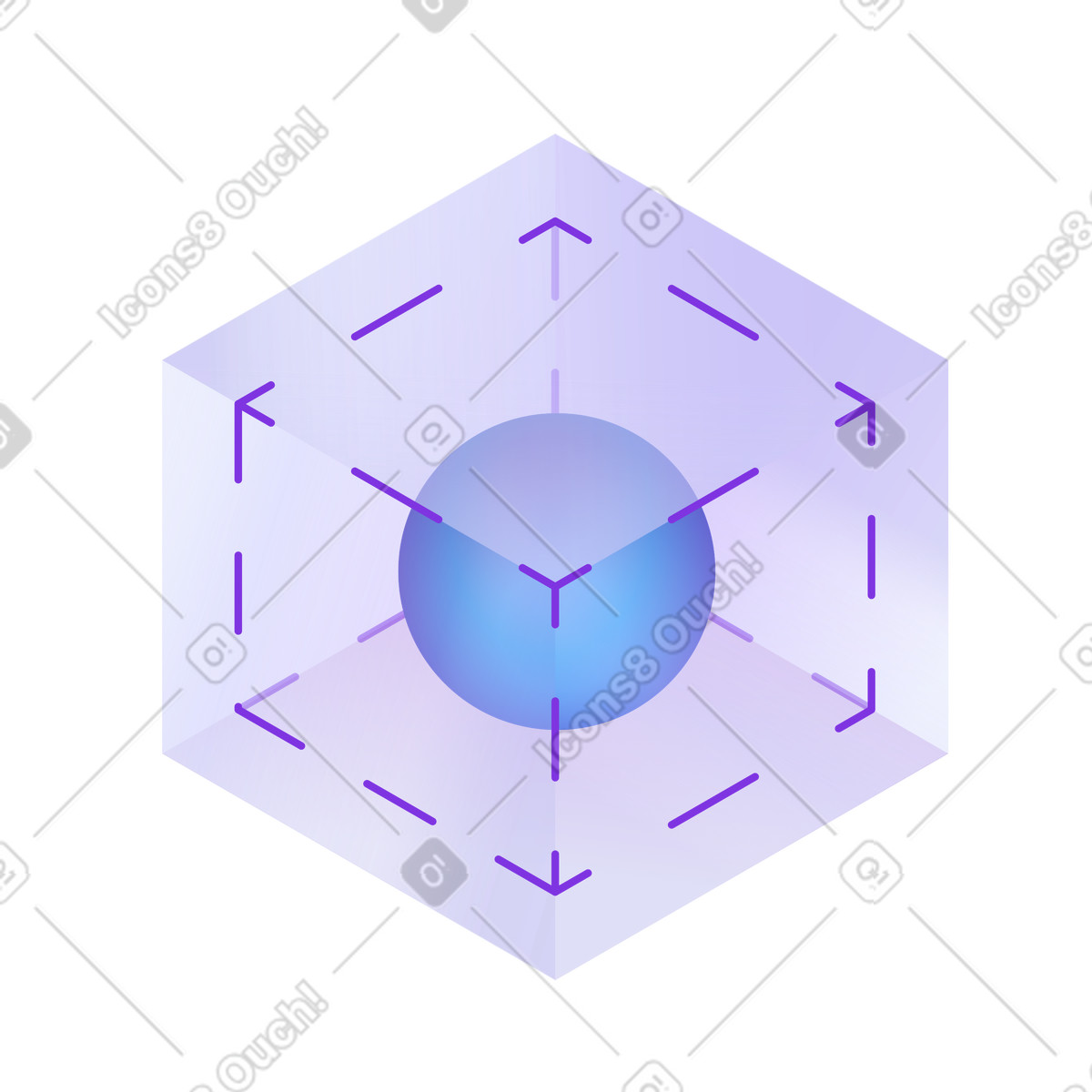 Ilustración Esfera dentro de un cubo isométrico transparente, geometría 3d y visualización espacial en estilo Hi-tech a descargar en PNG SVG