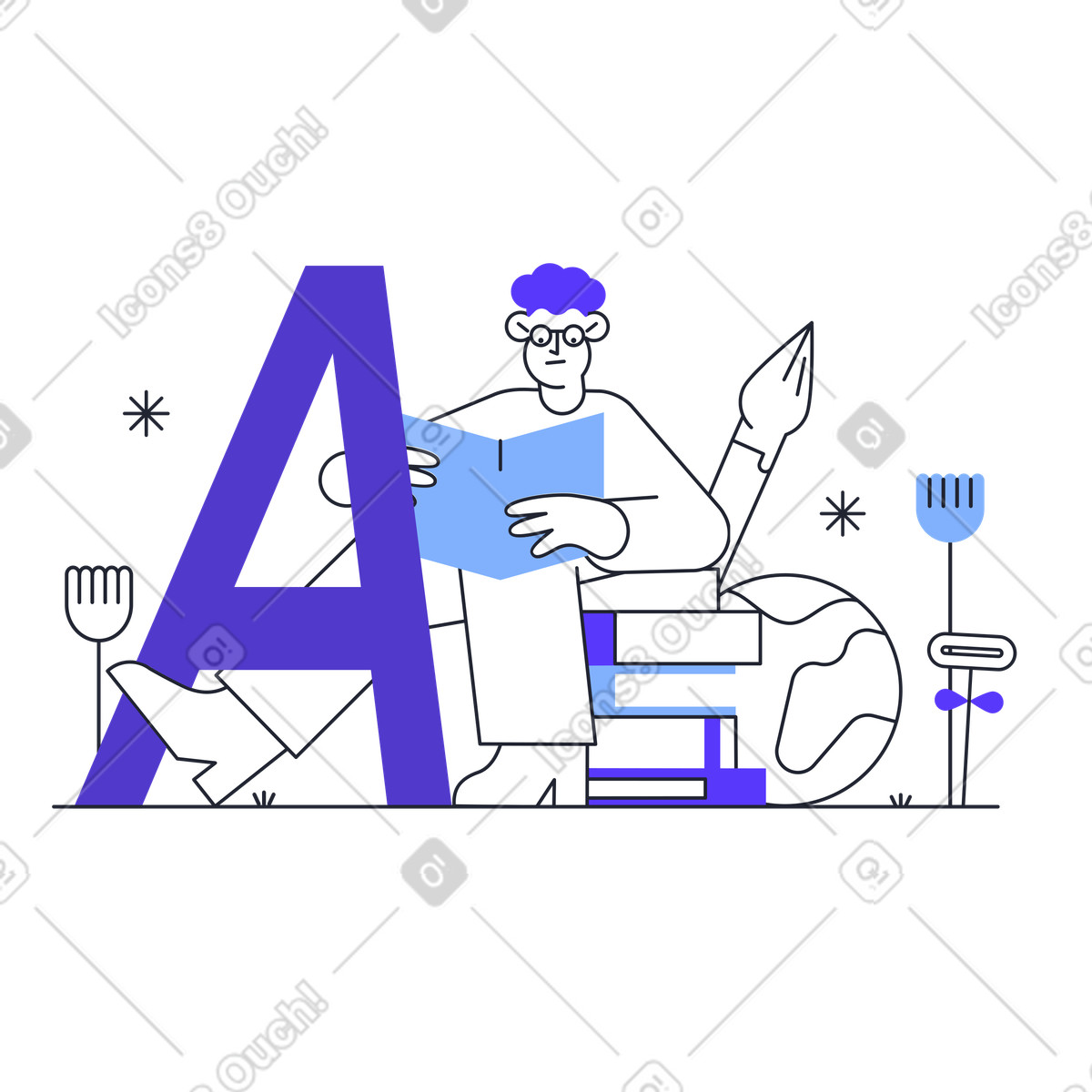 Иллюстрация Мужчина читает книгу рядом с огромной буквой а в PNG и SVG