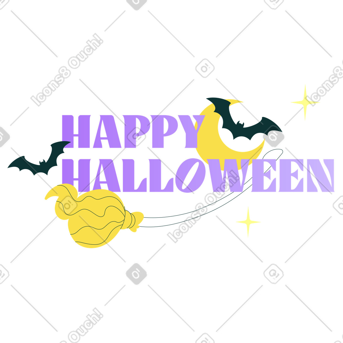 Ilustración Happy Halloween text with broom and bats, Festive seasonal greeting en estilo Florid a descargar en PNG y SVG
