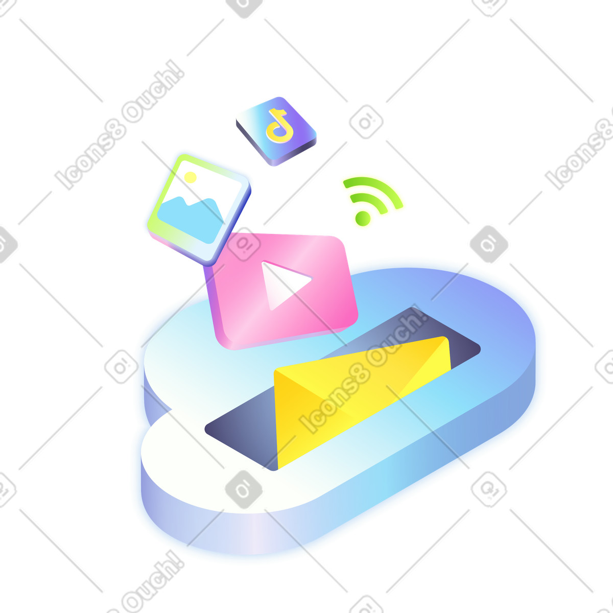 Files and apps migrating to cloud, Online storage digital data backup illustrazione in stile Isotech scarica in PNG, SVG