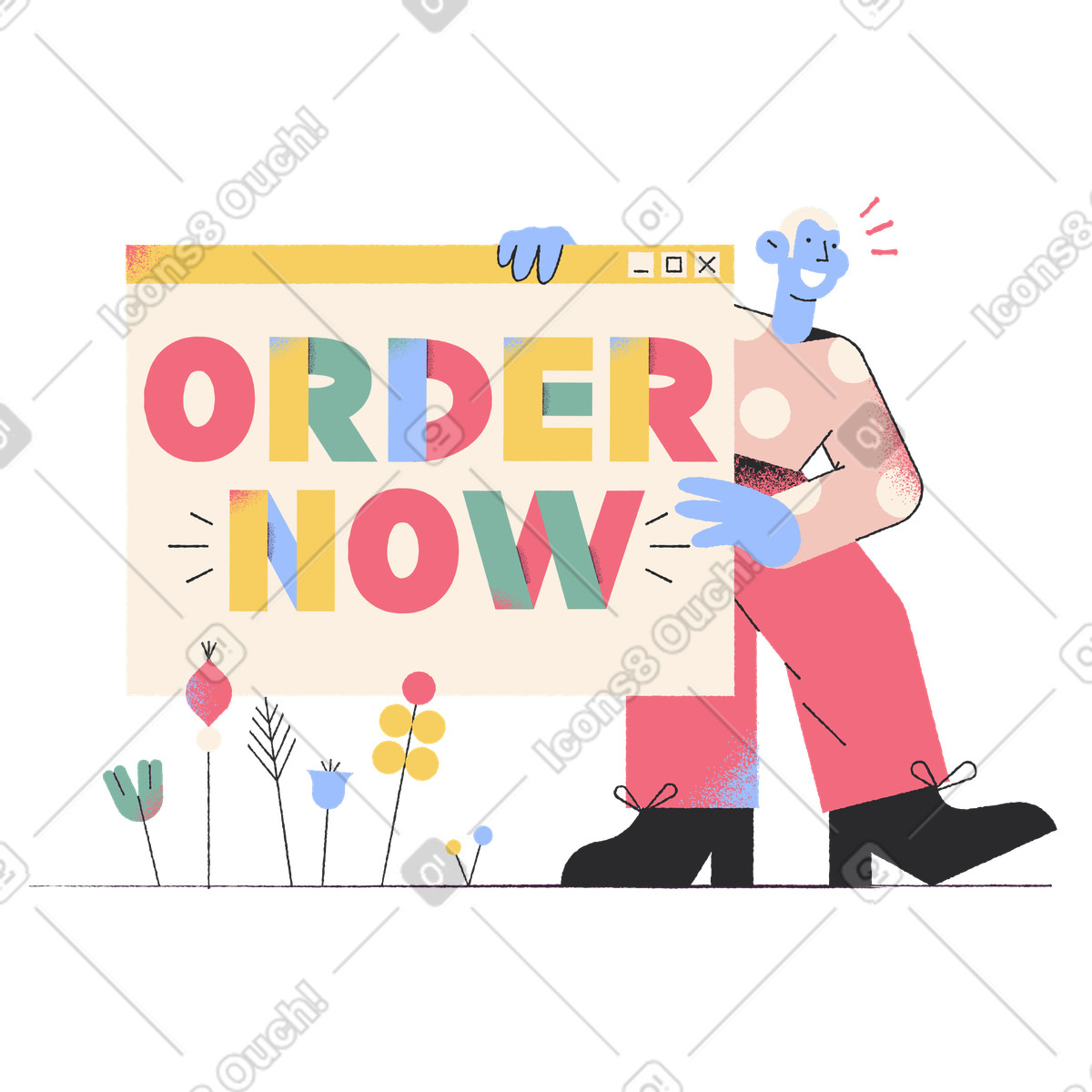 Illustration Lettrage order now avec un homme à côté de la fenêtre du navigateur dans le style Pablo télécharger aux formats PNG, SVG