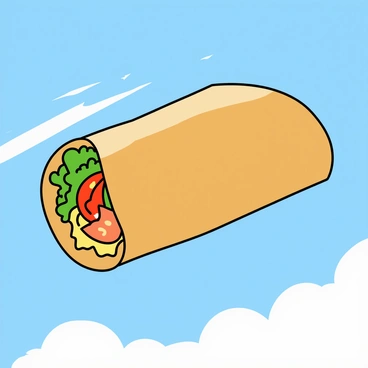 A large burrito with a golden-brown tortilla, filled with colorful ingredients like green lettuce, red tomatoes, and yellow cheese. The burrito has vibrant, fluffy wings that resemble those of a butterfly, spreading wide as it soars through a clear blue sky. Wisps of white clouds drift in the background, while the sunlight reflects off the burrito's surface, highlighting its delicious texture. The scene conveys a sense of whimsical adventure as the burrito flies high above the ground.
