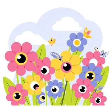 A vibrant garden filled with a variety of flowers, each having large, cartoonish eyes on their petals. Brightly colored blossoms in shades of pink, blue, yellow, and purple bloom abundantly. Whimsical creatures, such as small fairies with colorful wings and tiny animals with big expressive eyes, are peeking out from behind the petals. The scene includes a few butterflies fluttering around, adding to the lively atmosphere of the garden. The sky above is a light blue with fluffy white clouds, creating a cheerful backdrop for this enchanting setting.