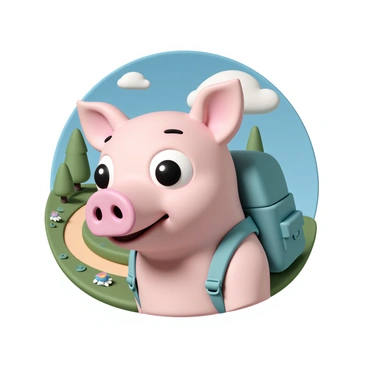A pig face with large, expressive eyes and a pink snout, wearing a tiny teal backpack. The background features a winding hiking trail surrounded by lush green trees and colorful wildflowers. The pig face is set against a bright blue sky, with puffy white clouds drifting by. The backpack has tiny straps and a small pocket, adding a playful touch to the scene.