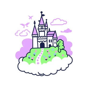 A majestic castle is floating in the clouds, surrounded by fluffy cloud formations. The castle is adorned with tall spires and intricate architectural details. Below the castle, a pathway made of shimmering light leads to a vibrant garden filled with various flowers. Above the castle, birds are flying, adding life to the scene. The sky is bright, with soft, billowing clouds creating a sense of wonder around the floating structure.