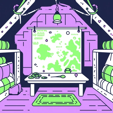 The interior of a pirate ship is dimly lit, with wooden beams supporting the ceiling. In the center, a large wooden table is covered with an expansive map that reveals intricate details of coastlines and islands. The map is adorned with markings and symbols, hinting at treasure locations. Surrounding the table, there are barrels stacked along the walls, and ropes hanging from above. A lantern hangs from a hook, casting flickering shadows across the scene. On the floor, a rugged rug adds texture, while an open chest reveals gleaming gold coins and jewels peeking out.