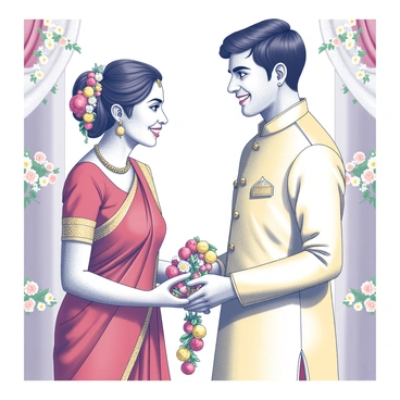 A Bengali bride and groom stand facing each other, surrounded by a festive atmosphere. The bride is adorned in traditional attire, featuring intricate gold embroidery on her red saree. Her hair is styled elegantly, with fresh flowers woven into it, and she wears a striking gold necklace set with gemstones. The groom, dressed in a cream-colored kurta with gold embellishments, holds a garland made of colorful flowers. They are in the act of exchanging garlands, symbolizing their union. The background is filled with decorations typical of a Bengali wedding, such as colorful drapes and floral arrangements. The expressions on their faces reflect joy and excitement as they participate in this significant ritual.