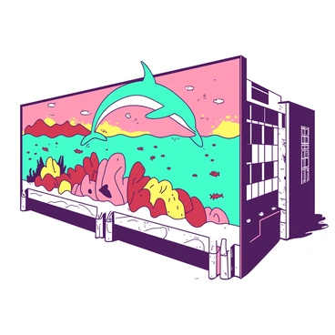 A large duotone mural is painted on the side of an Art Deco building. The mural features a variety of ocean life found in Miami, including a vibrant teal dolphin leaping gracefully above the surface of the water. Beneath the dolphin, there are several colorful coral formations in shades of pink and orange, teeming with small fish. The background showcases a stylized wave pattern in a mix of red and yellow tones, creating a dynamic sense of movement. Surrounding the mural are intricate geometric patterns characteristic of Art Deco architecture, adding to the visual interest of the scene.
